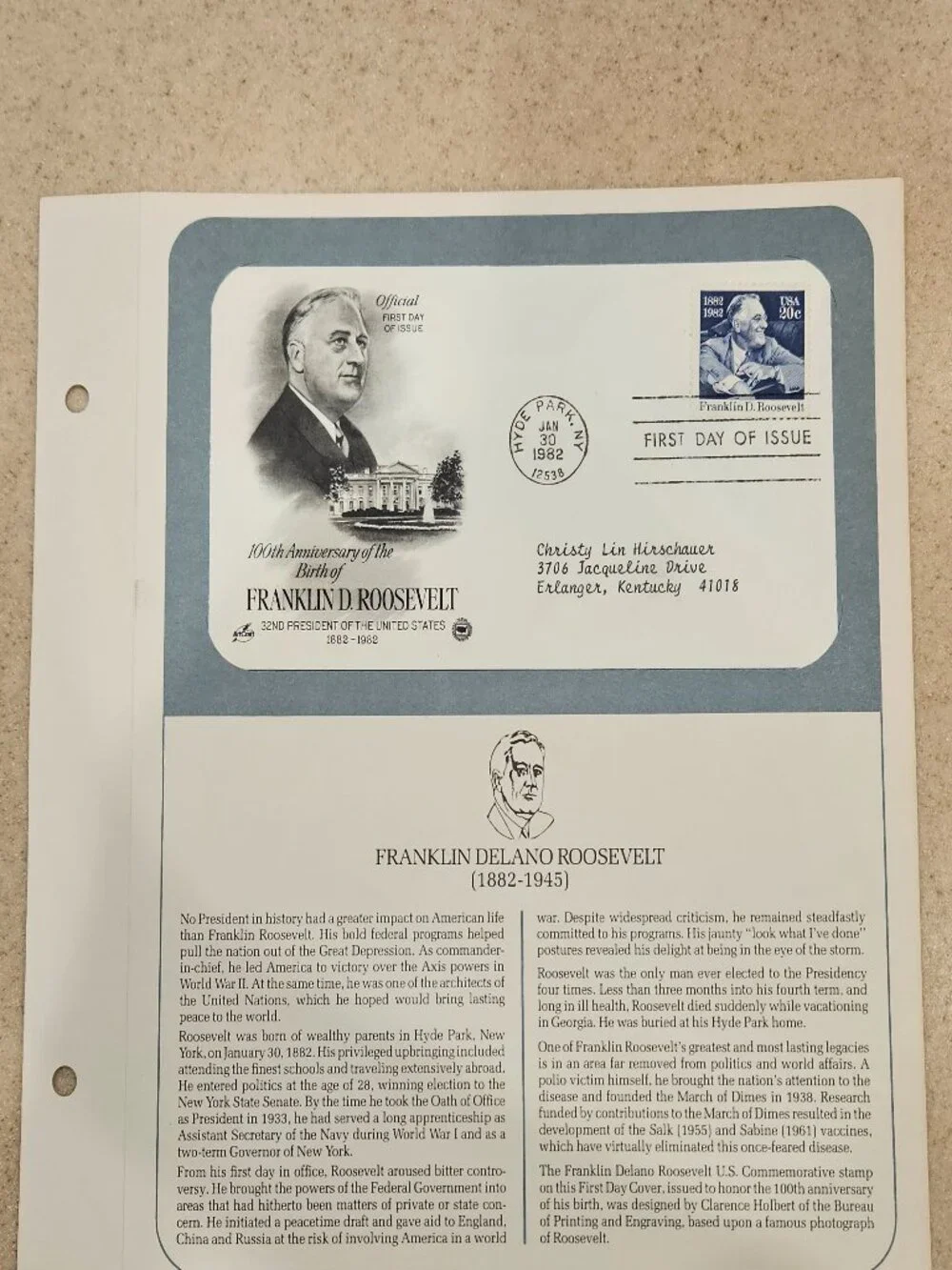 RARE COLLECTIBLE USPS 1ST DAY ISSUE COVER FRANKLIN D ROOSEVELT STAMP ENVELOPE